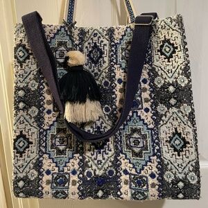 America & Beyond Beaded Jacquard Shopper Tote Removable Adjustable Strap NWT